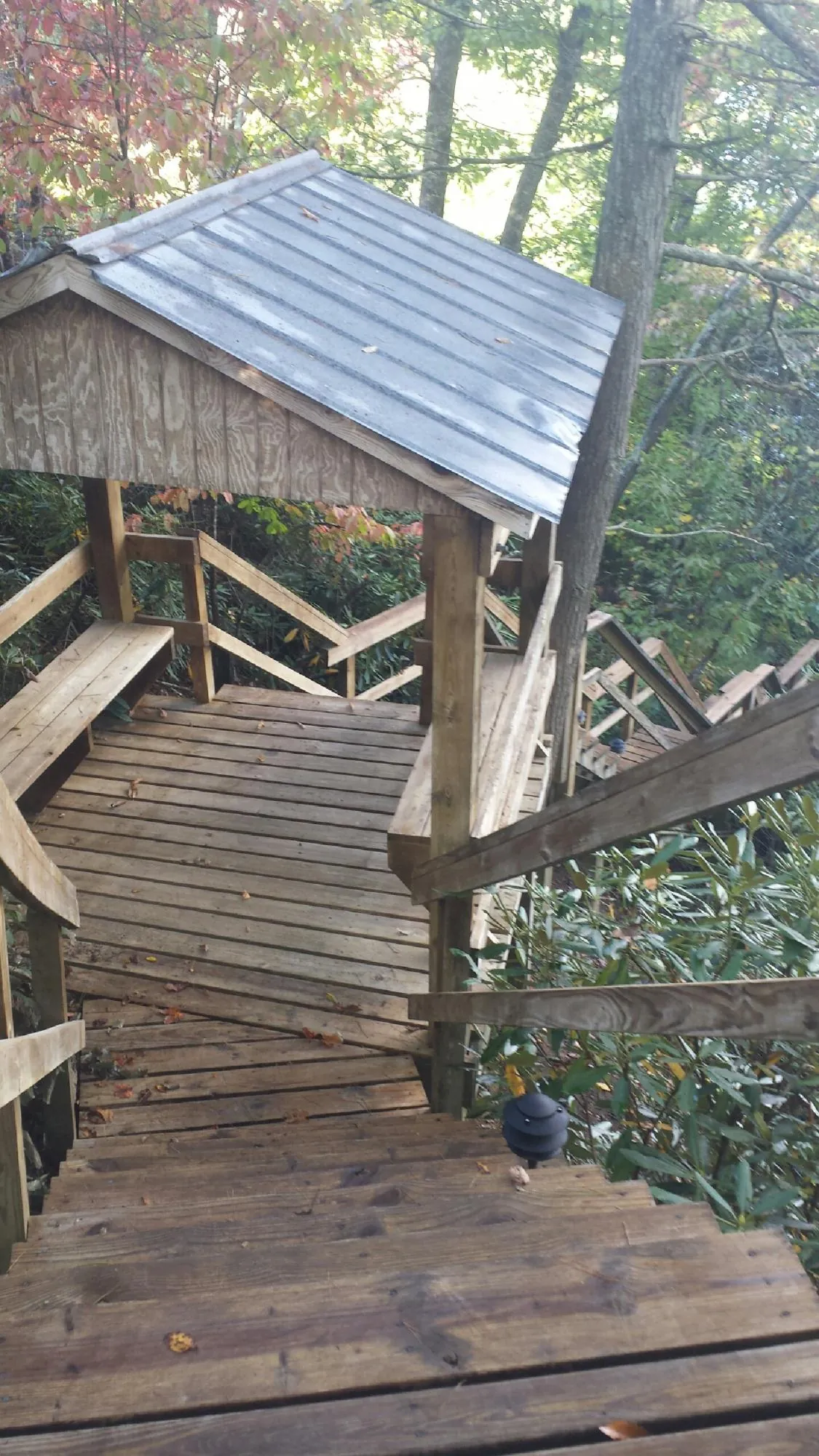 Metal roofed shelter over wooden steps on a wooded walkway — Skylight Repair & Installation work by our crew in Rockaway Beach
